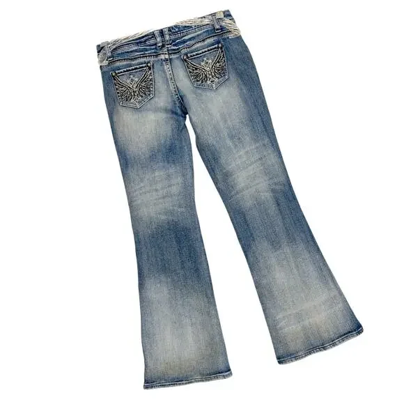 Vintage Y2K Low Rise Flare Jeans 29 Embroidered Studded Grunge Mall Grunge - Picture 12 of 13